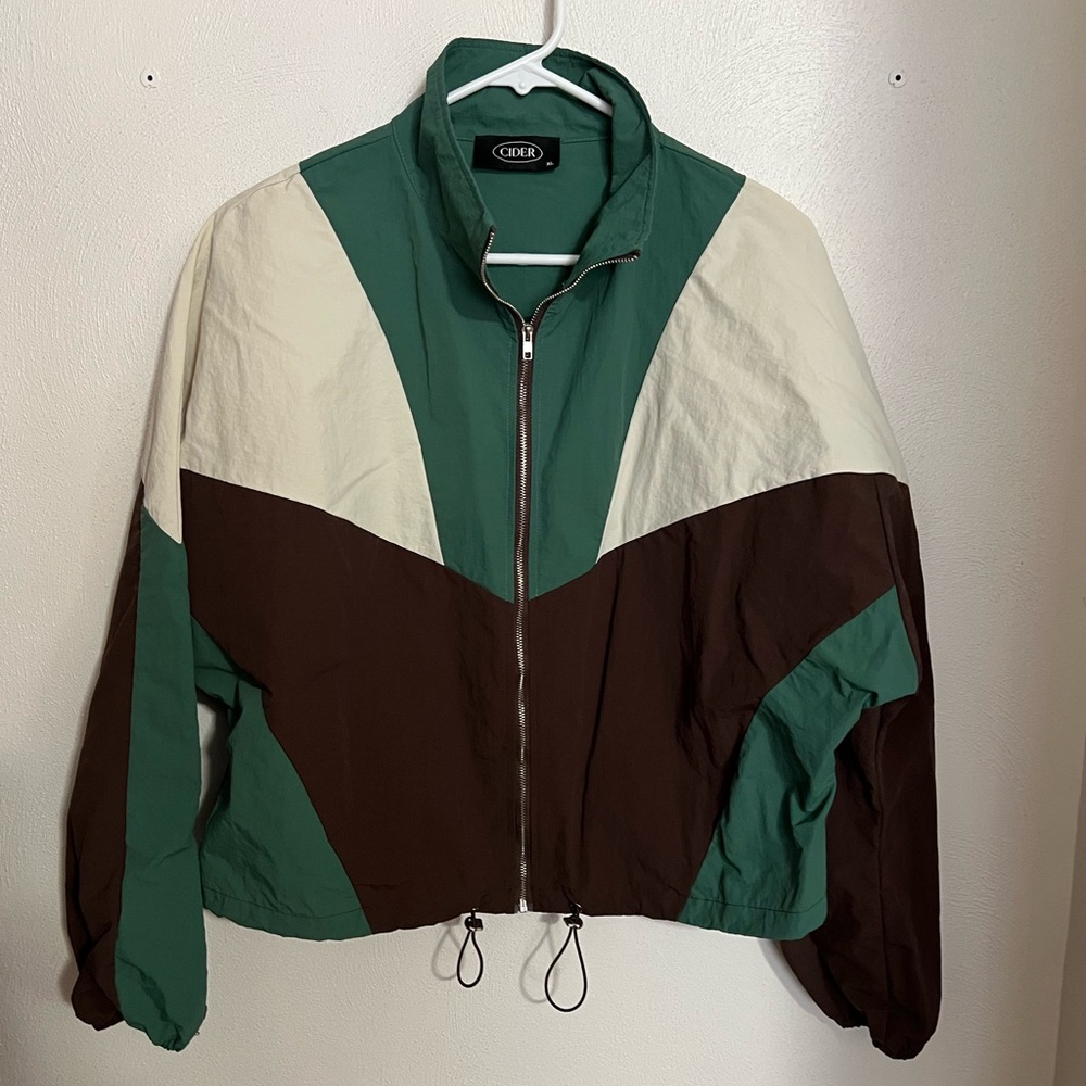 CIDER Classic Color Block Slightly Cropped Drawstring Windbreaker Green Brown XL